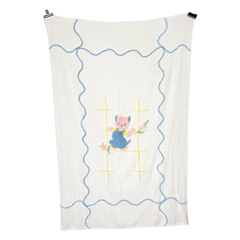 Vintage White Chenille Baby Blanket Pink Kitten Blue Scalloped Border Nursery